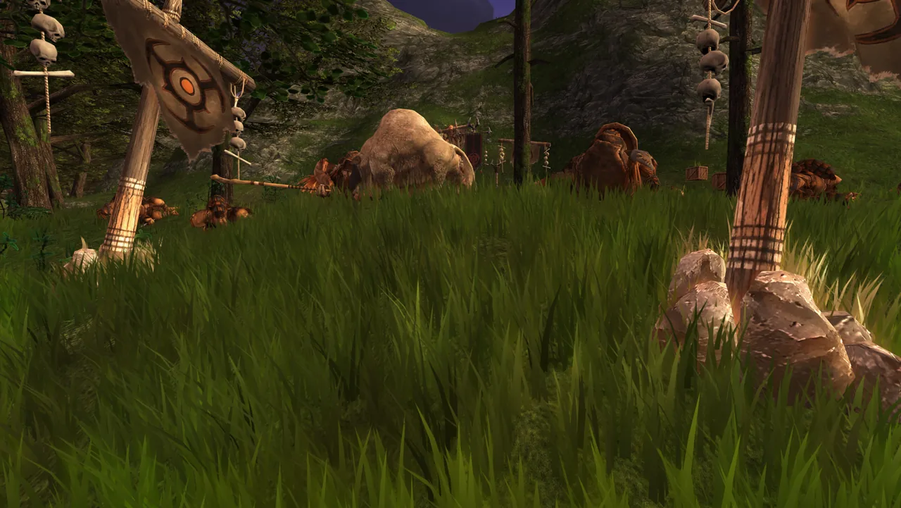The orc warband's camp in West Ronfaure: banners, the meat store, orcs at rest
