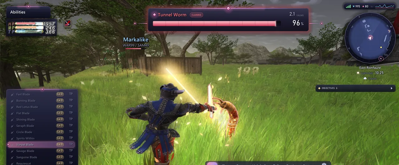 A warrior cuts through a Tunnel Worm with Vorpal Blade in East Ronfaure