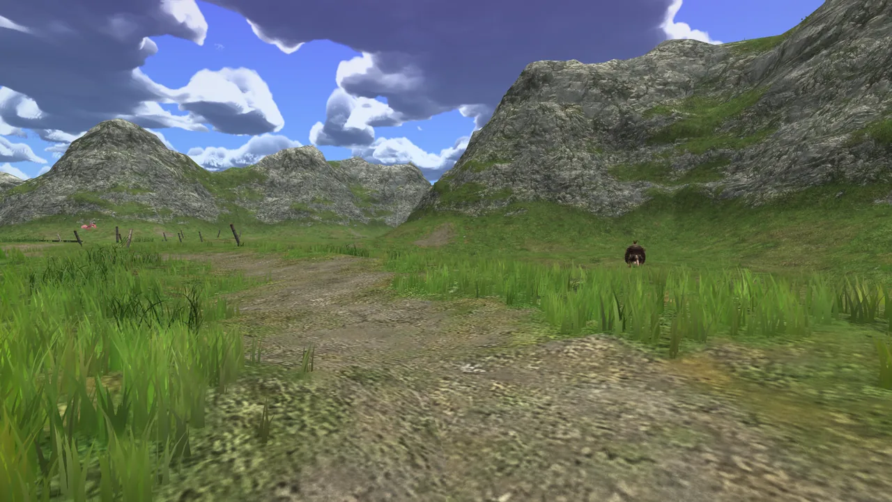 The same mountains under volumetric clouds in a deep blue sky