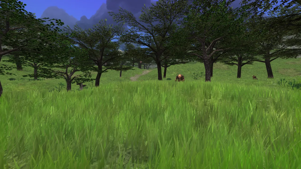 The same meadow in Lotusreach: tall grass that moves, trees and shadows