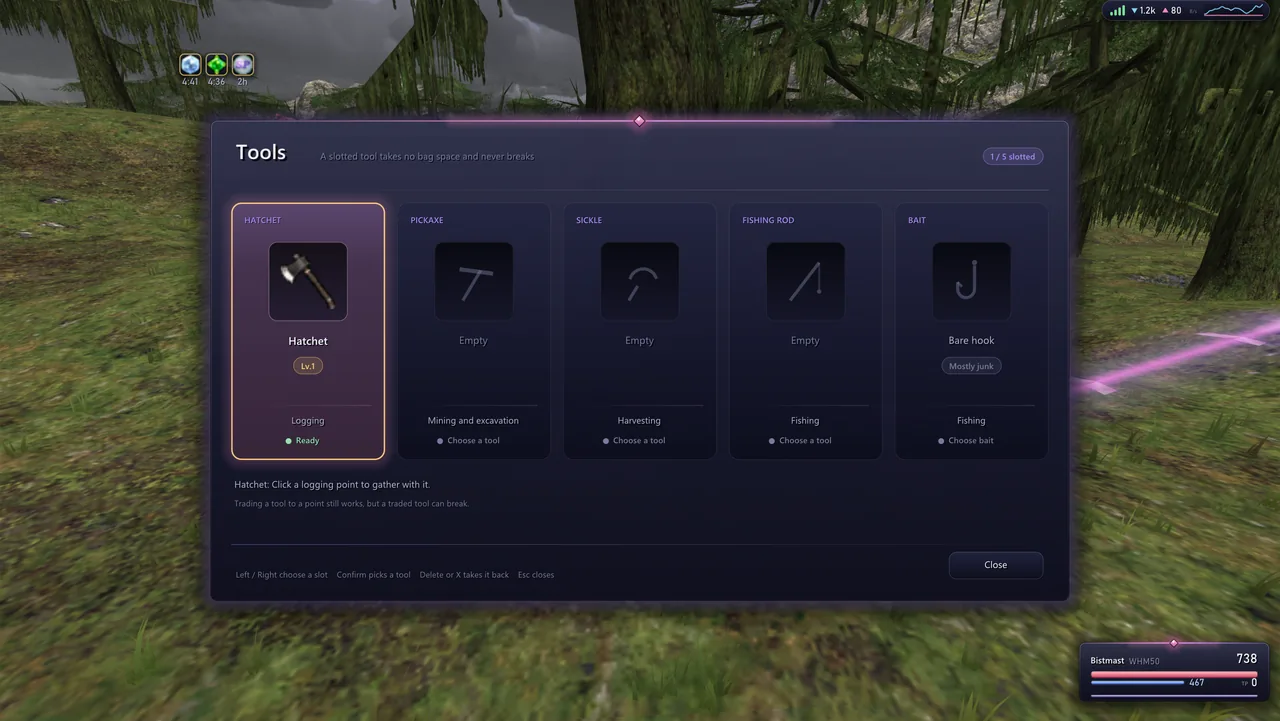 The Tools menu with a hatchet in its slot, ready at a logging point