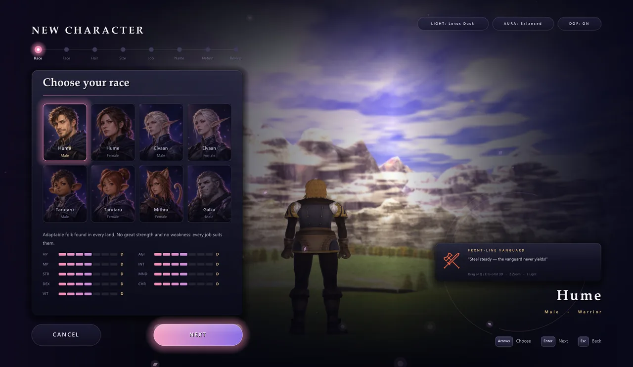 The new race selection with portraits and stat bars