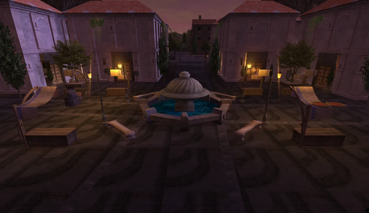 Rafeloux's Fountain Market at dusk, lit by its own lamps