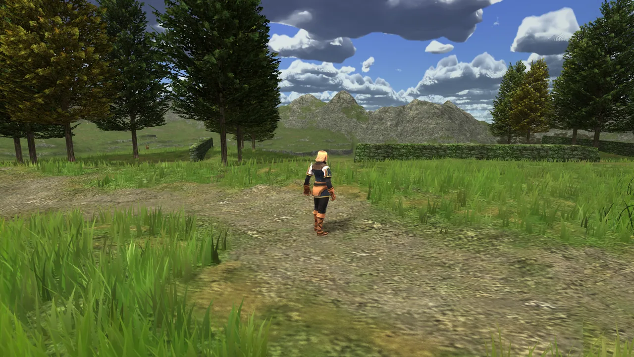 An adventurer walking a sunny meadow road in La Theine under big clouds
