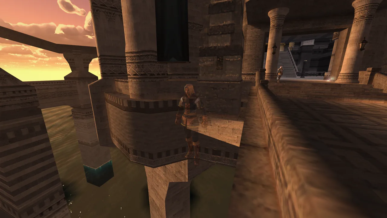 An adventurer on a Ru'Lude Gardens balcony at sunset