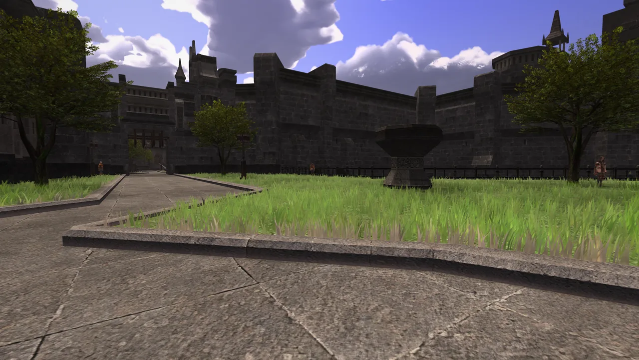 The same lawn in Lotusreach: detailed stone, real grass and volumetric clouds