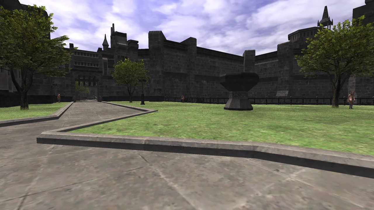 A lawn by the Chateau walls in San d'Oria with the original look: smooth grey stone, flat grass, a painted sky