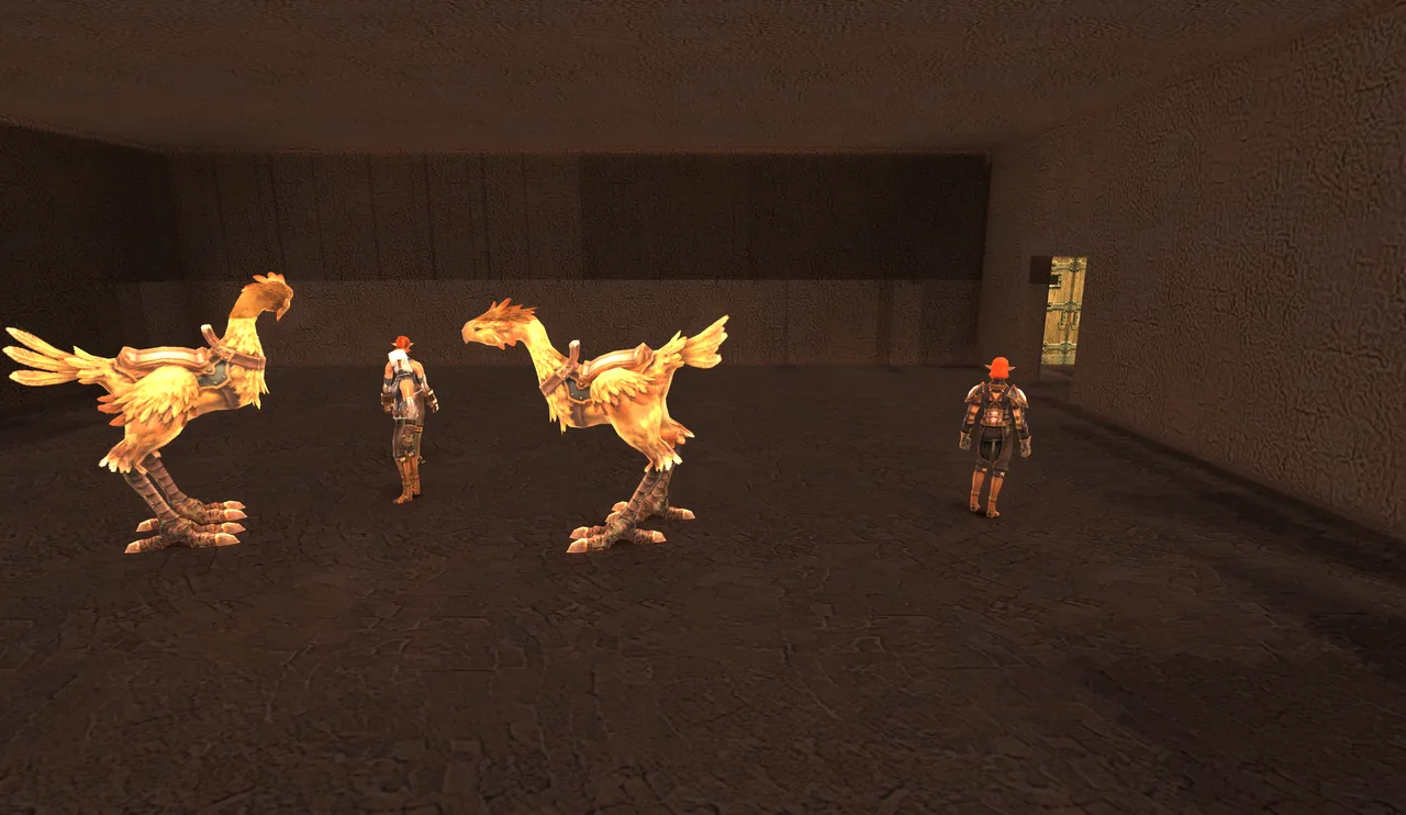 The chocobo stables in Lower Jeuno, birds saddled and the stable hands at work