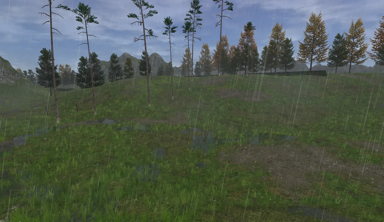 Rain over La Theine, puddles gathering in the grass