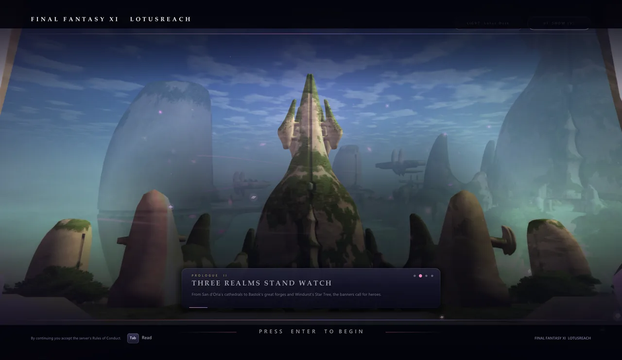 The title screen's prologue card over a flyover of Windurst