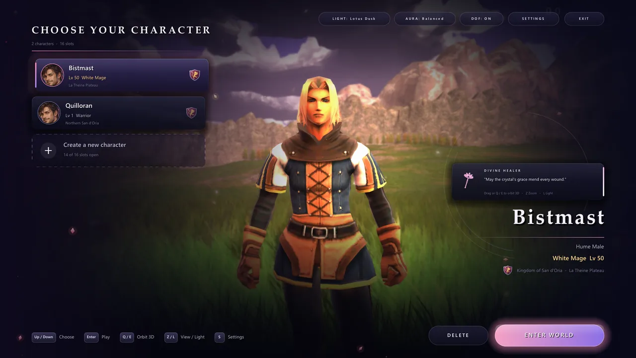The remade character select, with the adventurer in a 3D preview