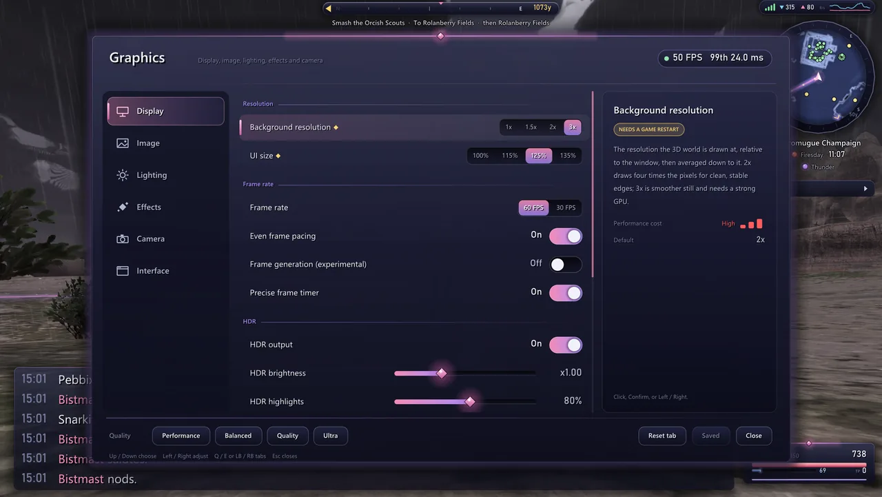 The Graphics menu: resolution, frame rate, frame generation and HDR