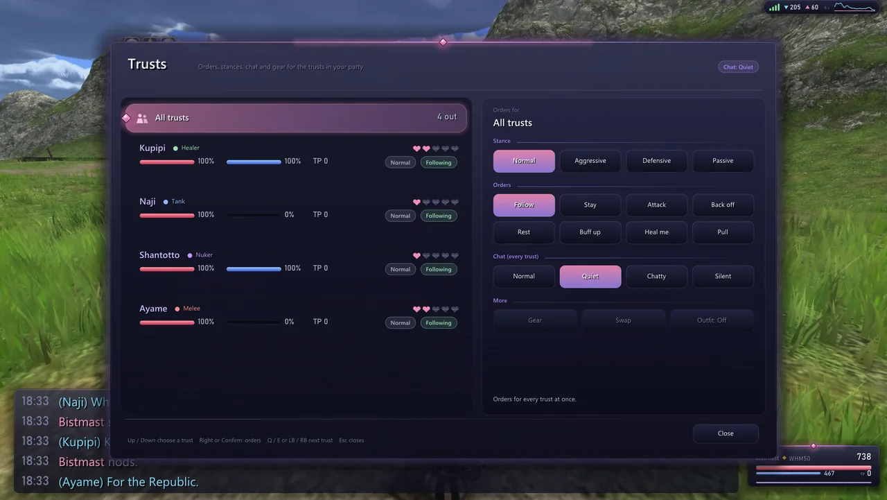 The Trust window with four trusts called: stance, orders and how chatty each one is