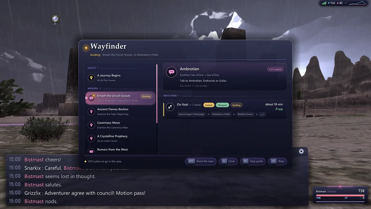 The Wayfinder route planner, with goblins answering emotes in the chat