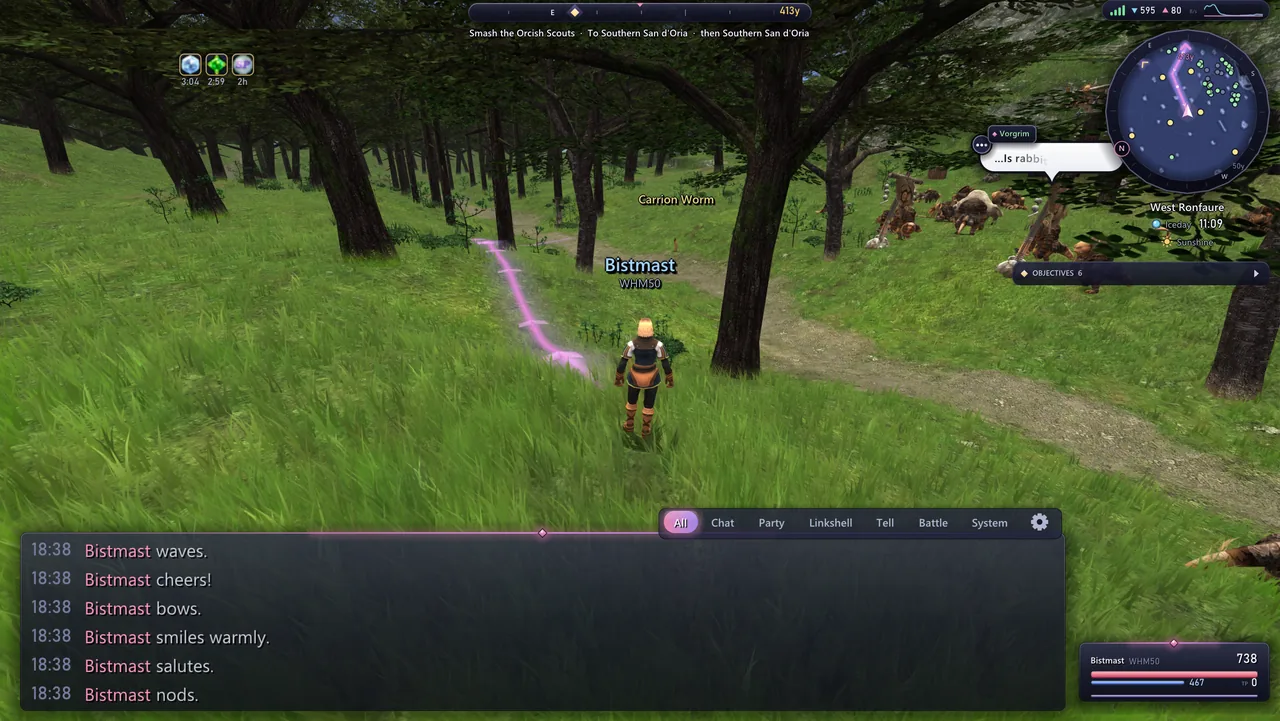 The Wayfinder's trail of light on the grass, leading a mission route past the orc camp