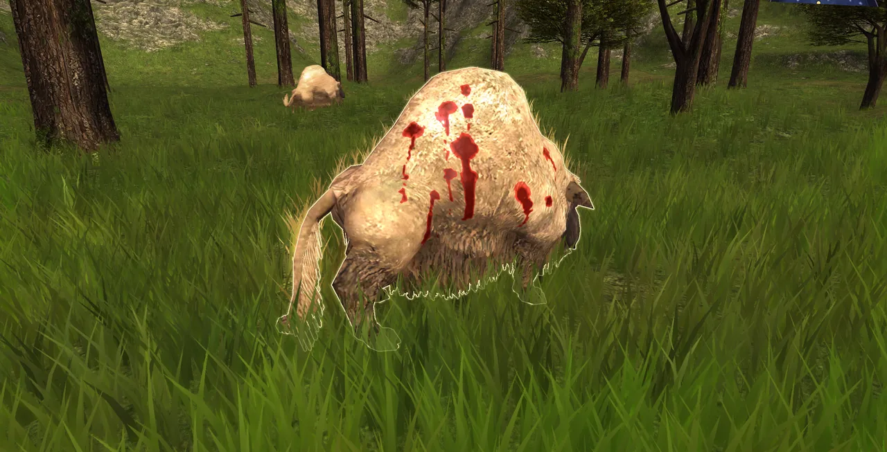 A wounded sheep after a fight, blood seeping into its wool