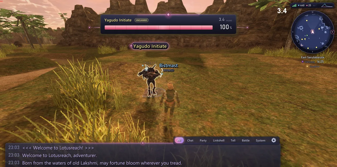 A Yagudo Initiate cowering before a stronger adventurer